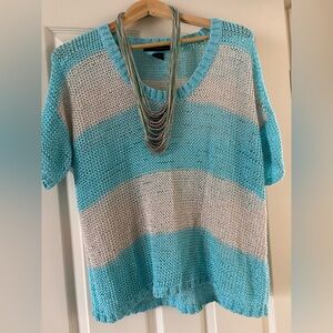 Calvin Klein Jeans Aqua and Cream Open-Knit Short Sleeve sweater